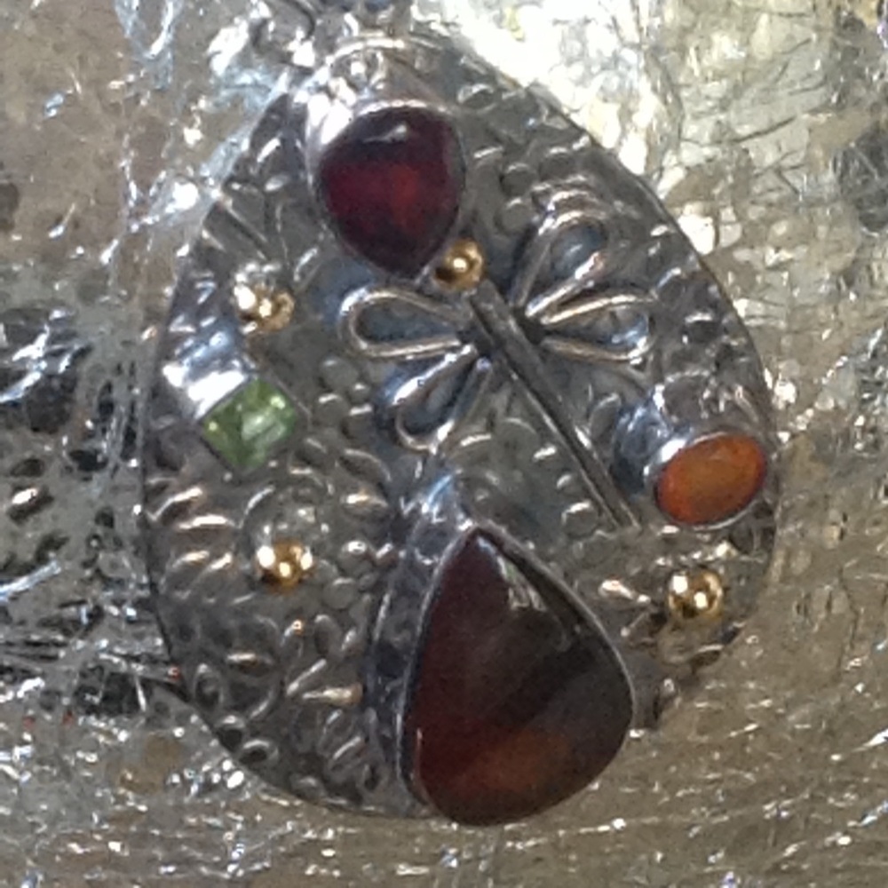 New Pear Garnet Dragonfly 925 Silver 14K Pendant